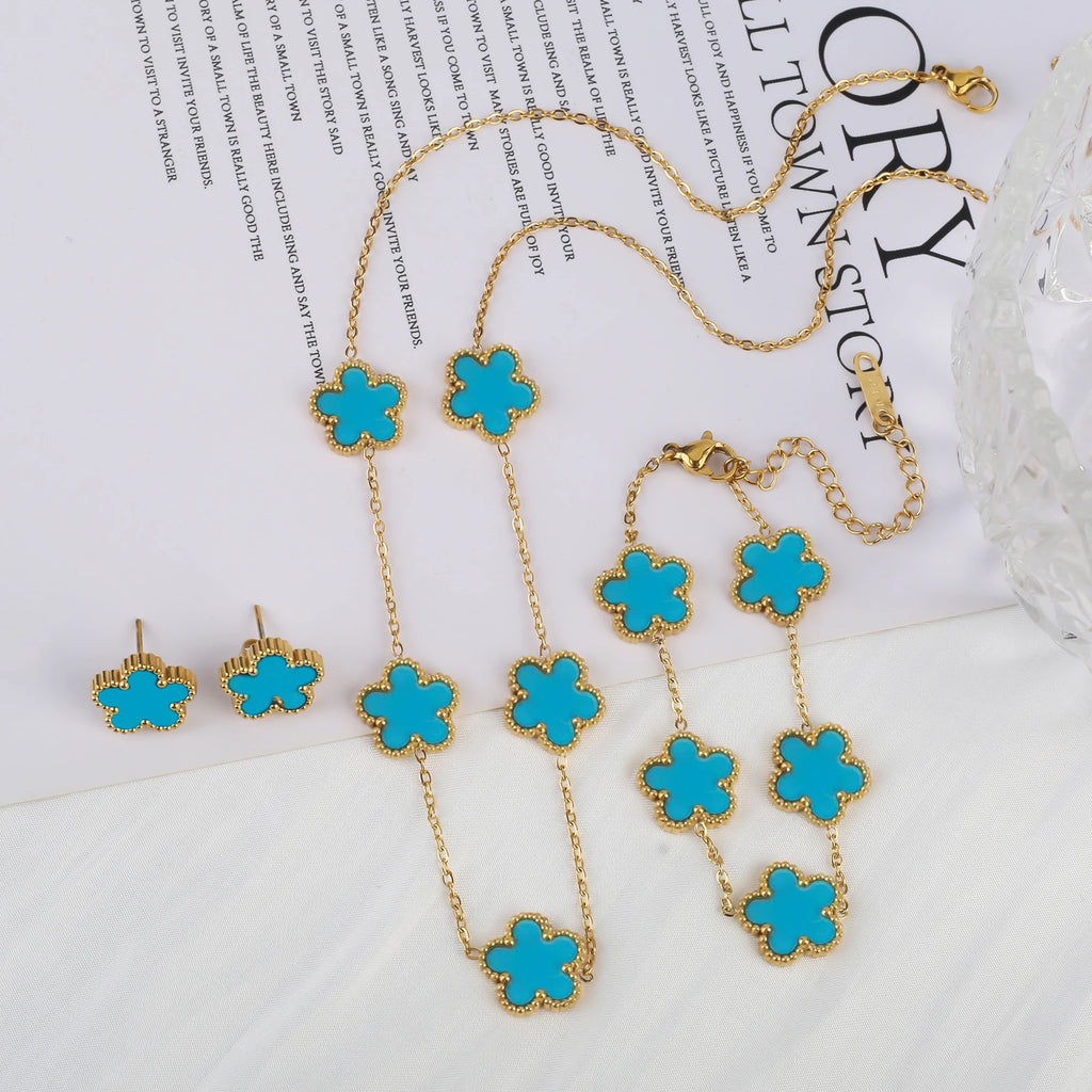 Classic Luxury Five Leaf Flower Jewelry Set High Quality Stainless Steel Bracelet Necklace Earrings Fashion Woman Clover Gift Qme Jewelry Set 8