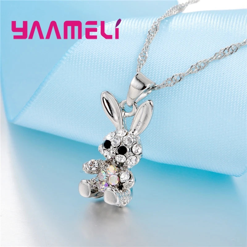 Lovely Cute Rabbit Gifts for Women Girls 925 Sterling Silver Color Jewelry Sets AB Colored Cubic Zircon Necklace Dangle Earrings Qme