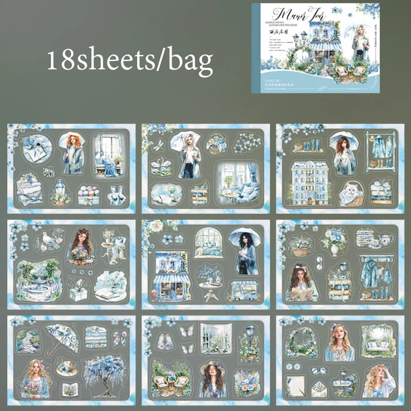 18 Sheets/Bag Manor Scenery Die-Cut Stickers Book for Scrapbook Journal DIY Planner Phone Case Notebook Decoration Craft Gift Qme 2