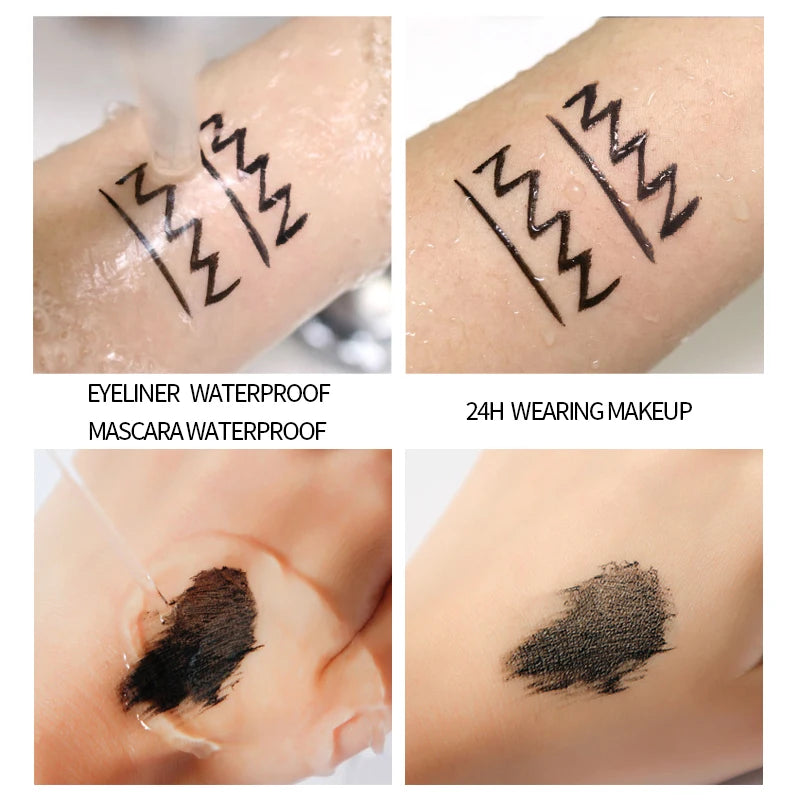 2Pcs 4D Mascara + Liquid Eyeliner Set, Waterproof Sweat-Proof Smudge-Proof, Lengthening Thickening Curling Long Lasting Eye Make Qme