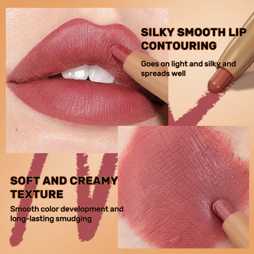 QIBEST Double Head Lip Liner&Brush Pen Makeup Mist Matte Contour Tint Lipstick Pencil 2 In 1 Stick Lasting Nude Black Lipliner Qme