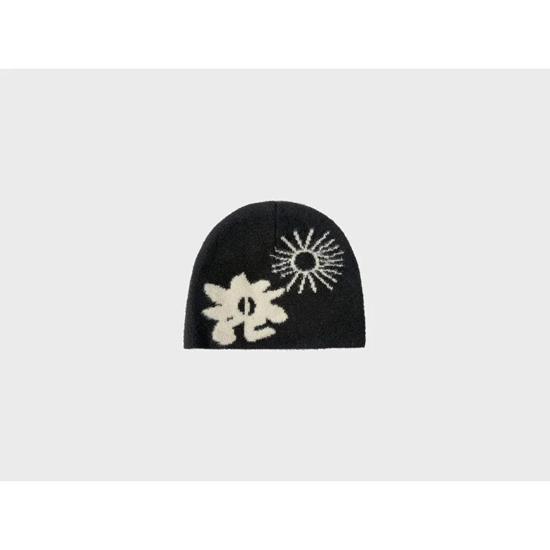 Niche Jacquard Plush Knitted Hat Men Women Autumn Winter Warm Qme black