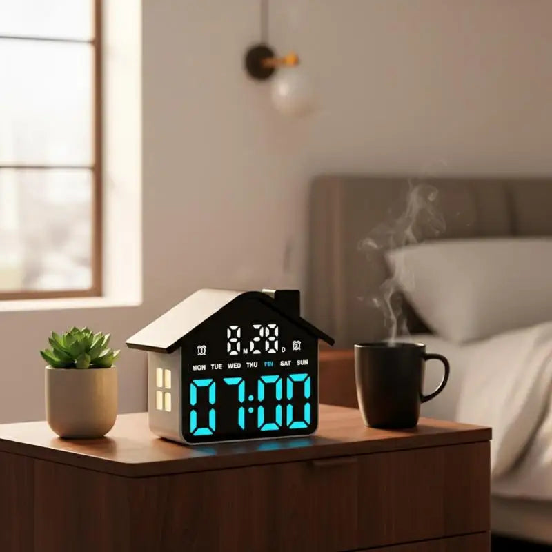 House Shaped LED Digital Alarm Clock Date Week Brightness Adjustment Qme