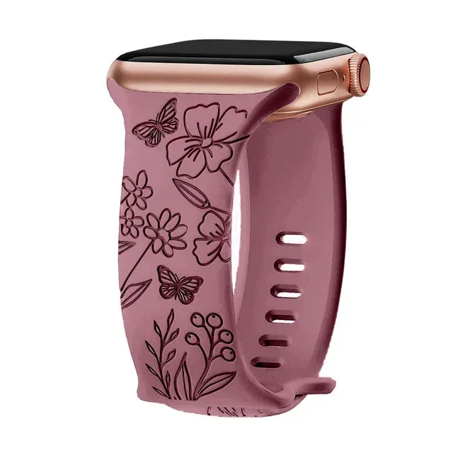 Floral Engraved Strap Apple Watch Band Silicone Bracelet Iwatch