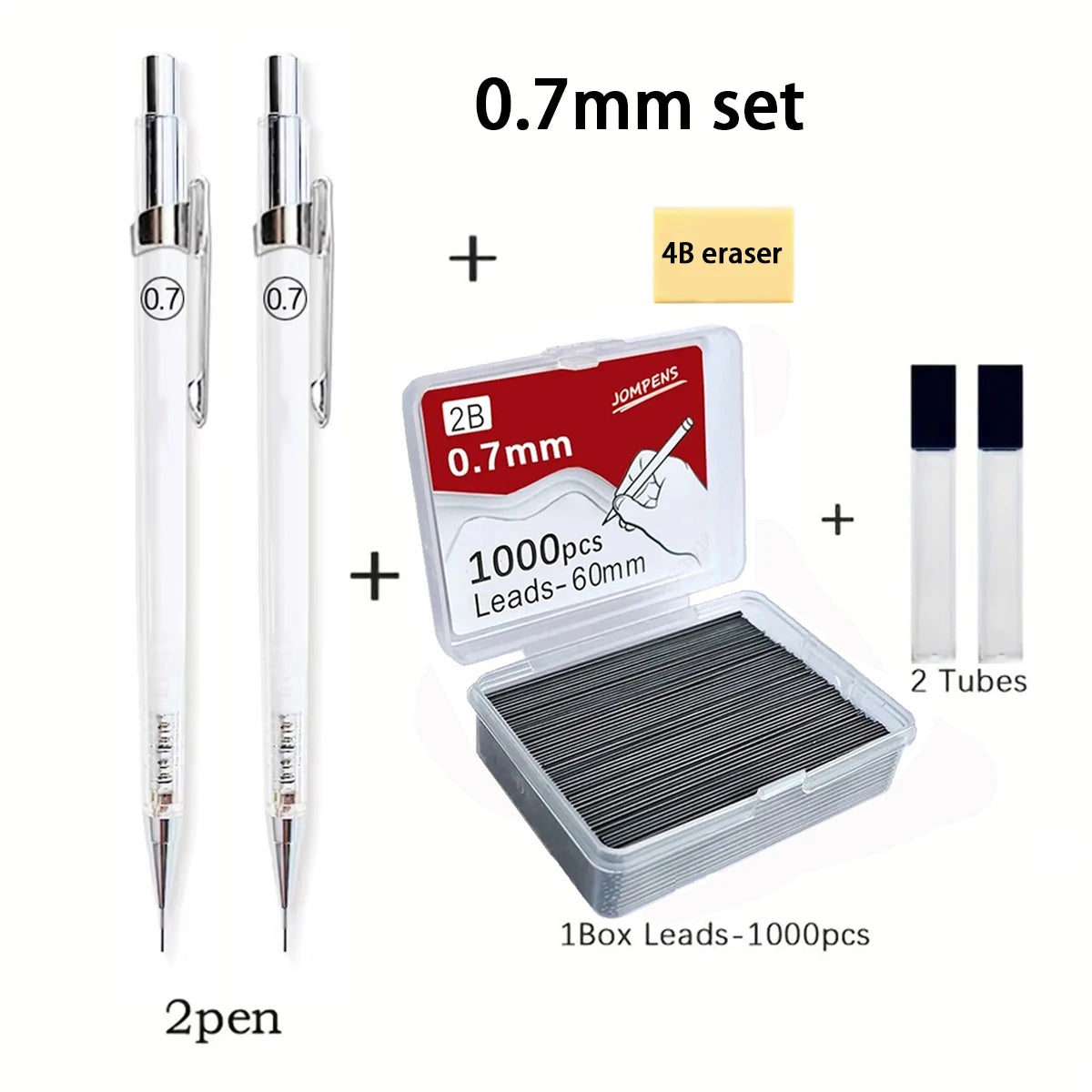Art Drawing Transparent Mechanical Pencil 0.5/0.7/0.9mm Replaceable 2B Lead Refills + 2 Dispensing Tubes Office Supplies Qme 0.7mm set