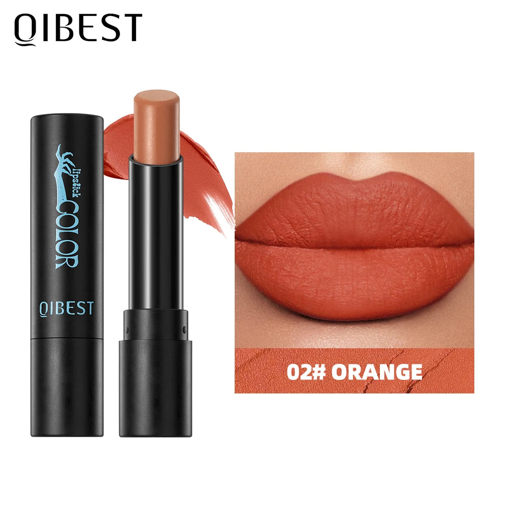 QIBEST Nude Velvet Matte Lipstick Long-lasting Highly Pigmented Lip Tint Not Stick Cups Red Green Orange Black White Lip Stain Qme 02