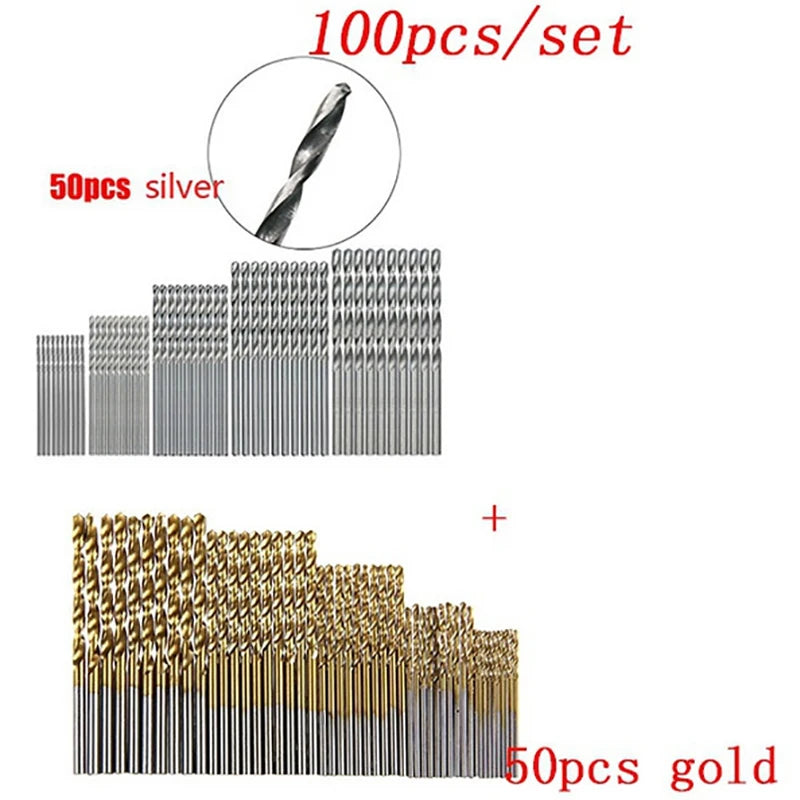 50/100pc/set Titanium Coated Drill Bit High Speed Steel Hole Opener Woodworking Metal Plastic Tools Electric Drill Qme 100pcs GoldSilver