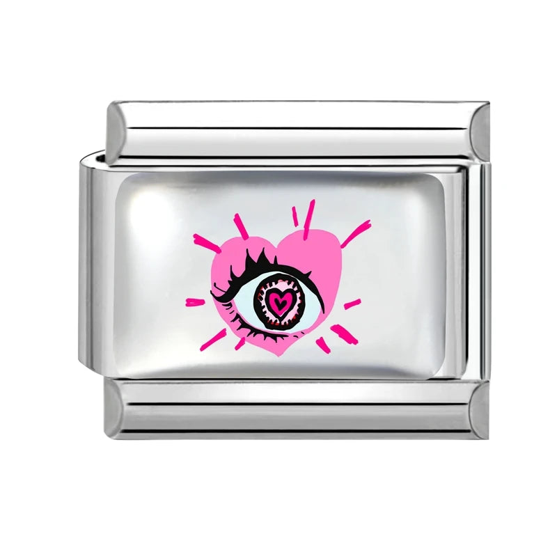 2026 Pink Love Heart Eyes OneArrow through the heart Italian Charms Link 9mm Sliver Modular Bracelet Stainless Steel DIY Jewelry Qme Style 1