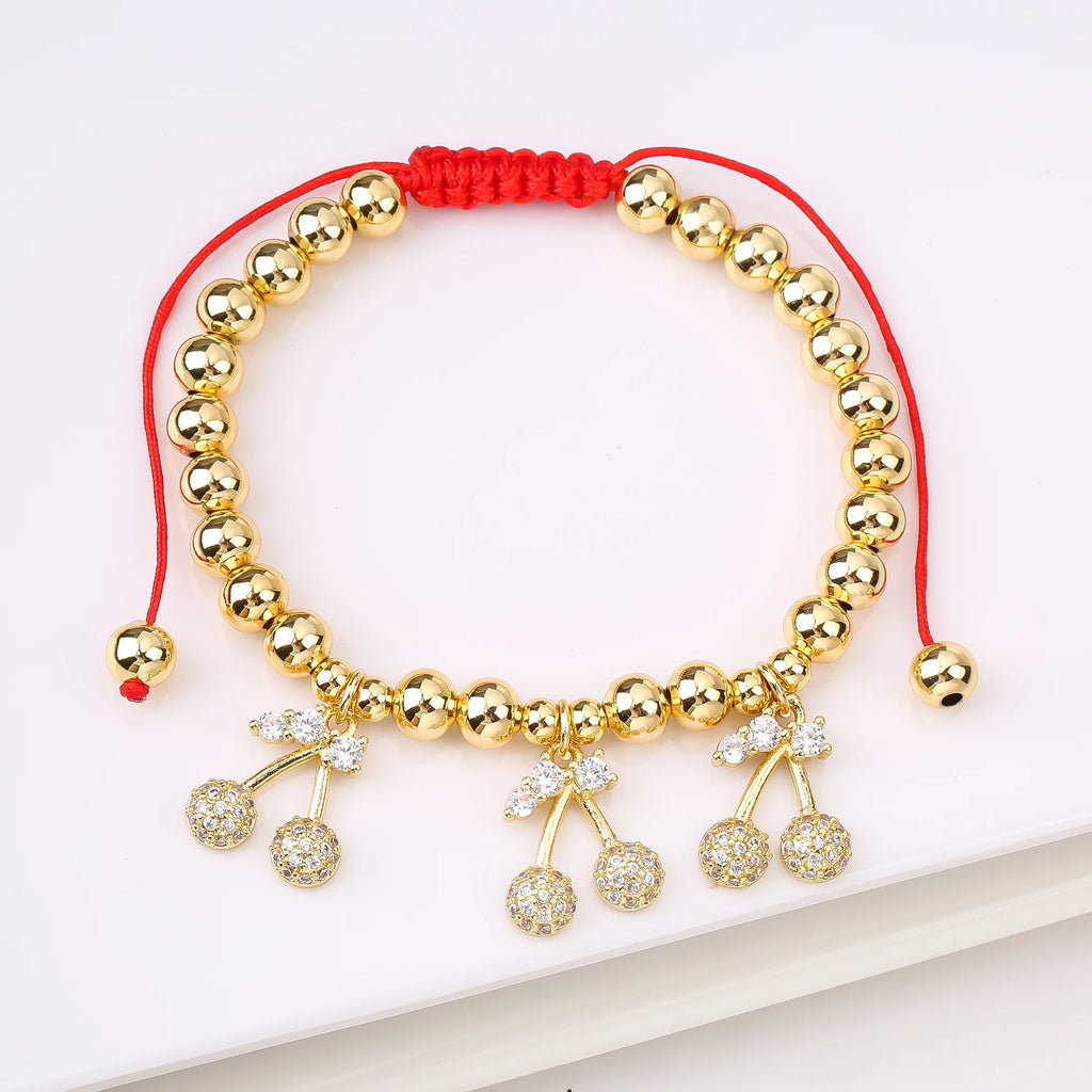 Gold-Plated Copper Bead Chain Braid Crystal Red Cherry Bracelet for Woman Female Daily Party Wrist Jewelry Friendship Gift Qme 7
