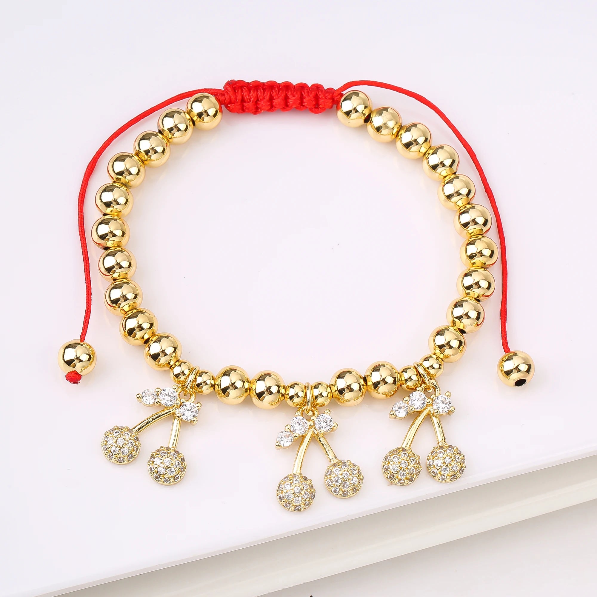 Gold-Plated Copper Bead Chain Braid Crystal Red Cherry Bracelet for Woman Female Daily Party Wrist Jewelry Friendship Gift Qme 7