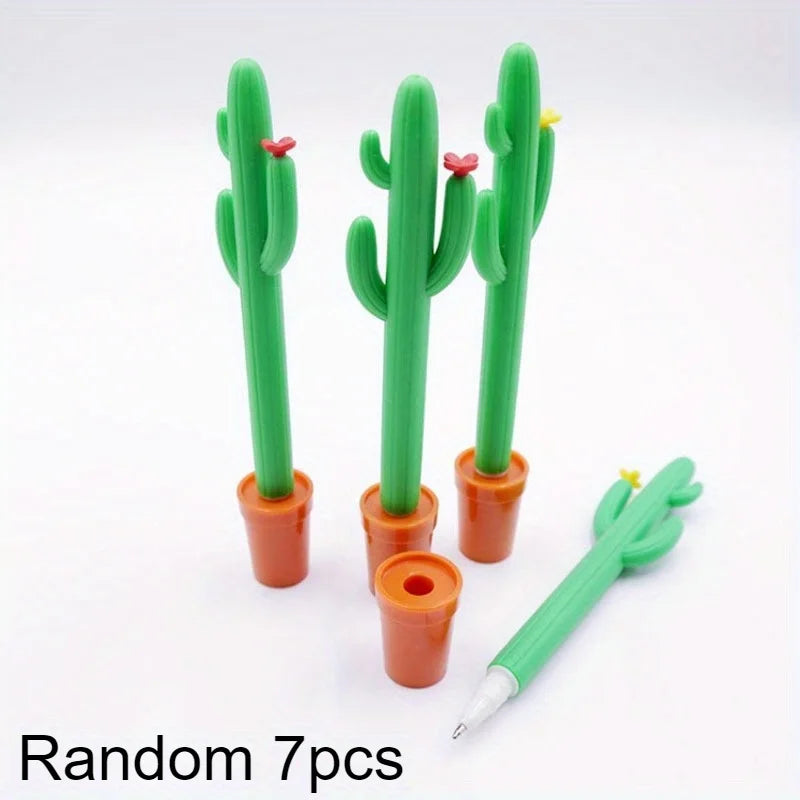 Cute Cactus Shaped Gel Pen, 0.5mm Blue Ink Neutral Pen, Creative Silicone Plant Pen for Students Office Qme 7pcs