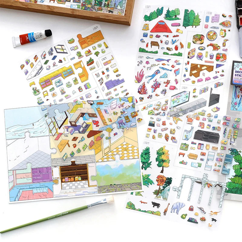 Urban Life Scene Miniature Diorama Stickers, Abundant Indoor & Outdoor Collage Materials, Healing Lifestyle Essentials Qme