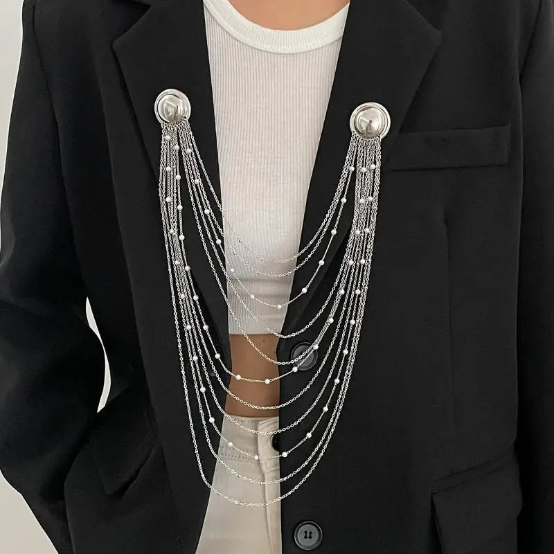 Creative Iron Tassel Chain Brooch Multi Layer Exaggerated Geometric Pearl Pins Clip Fashion Banquet Jewelry Accessories Qme A4