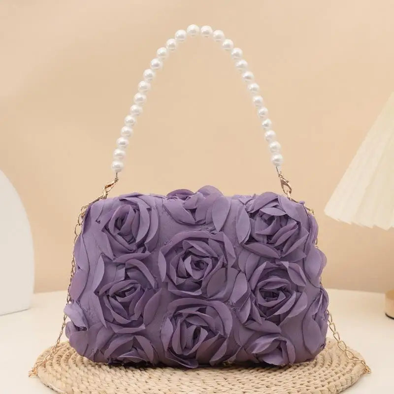 Ladies 3D Rose Floral Shoulder Bag With Pearl Handle Detachable Chain Perfect For Wedding Party Evening Date Qme A5
