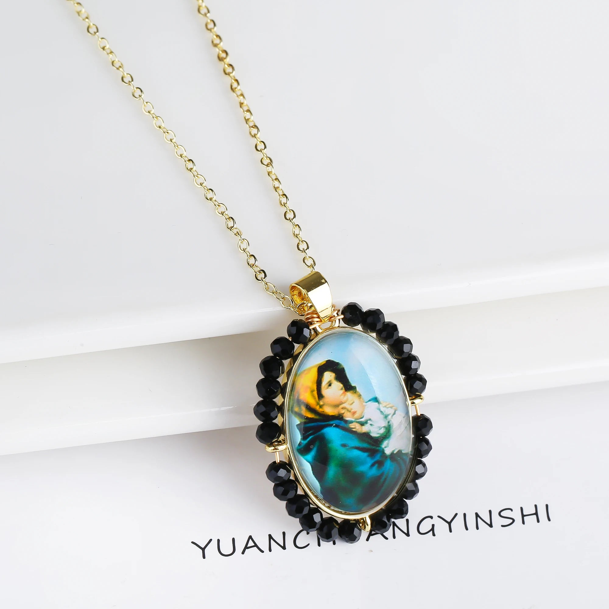 High Quality Hot Sale Religious Style Christian Catholic Image Pendant For Women Men Oval Shape Pave Beads Chain Choker Jewelry Qme 3