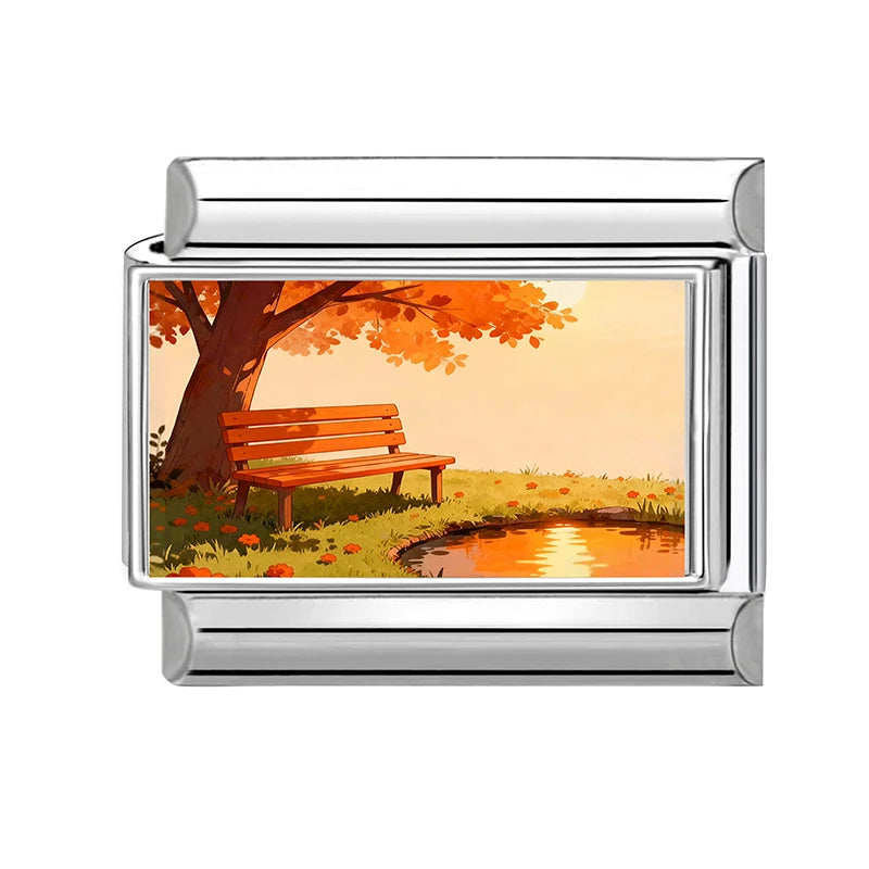 Fashion Colorful Scenery Boat Swan Lake Snow Mountain Charm Italian Link 9mm Bracelets Bangle Stainless Steel DIY Making Jewelry Qme Style 10