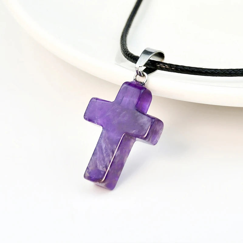 Natural Stone Cross Pendant Necklace, Colorful Punk Rock Style, Street Cool Vintage Y2K Goth Hip Hop Jewelry for Men and Women Qme A3