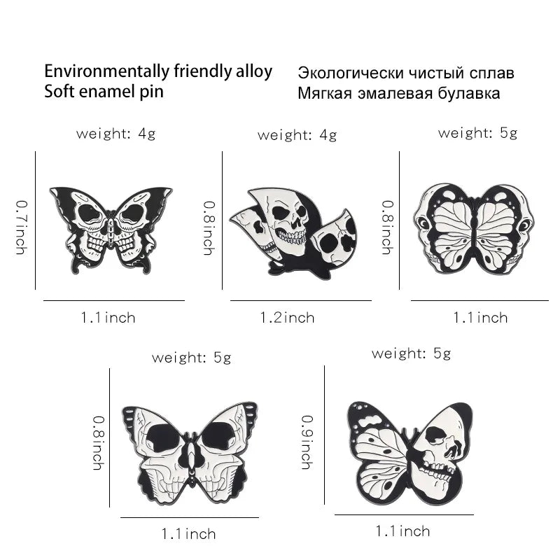 Skeleton Butterfly Enamel Pins Black Skull Gothic Punk Lapel Clothes Badges Brooches Backpack Hat Jewelry Gift for Kid Friends Qme