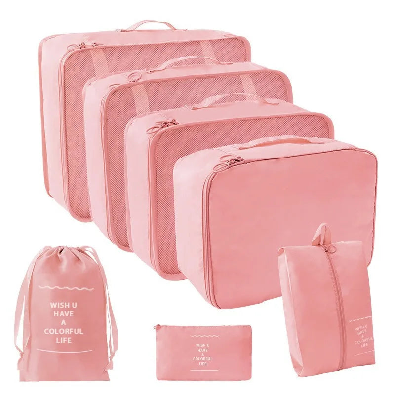 Portable Travel Organizer Storage Bags Set Suitcase Packing Cubes Set Cases Portable Luggage Clothes Shoe Tidy Pouch Folding Bag Qme 7 PCS Pink