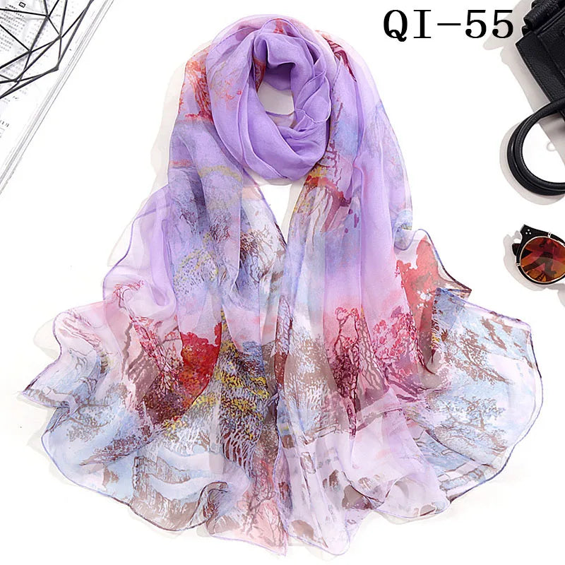 Painting Lotus Beach Sun Protection Chiffon Georgette Scarf Women
