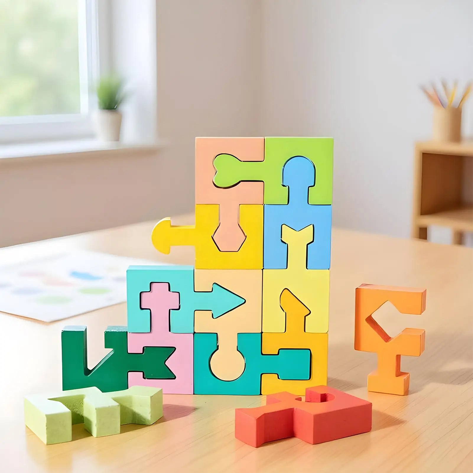 NEW Kids Puzzle Geometric Shape Matching Toy 16 Pieces Wooden Jigsaw Puzzles For Boys Girls Ages 4-6 Learning Home School Qme
