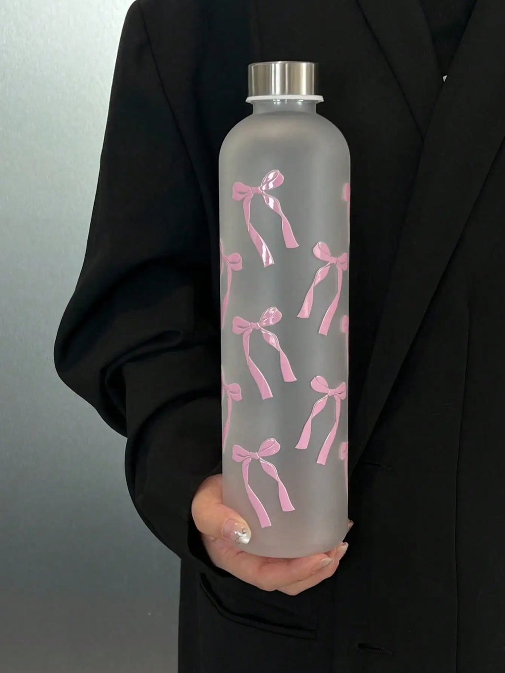 Matte Water Cup Bow Print Design Student Frosted Stainless Steel Qme pink >1L
