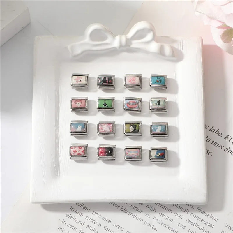 2026 Original Cute Pink Cat Paws Colorful Cats Flowers Italian Charm Links Fit 9mm Stainless Steel Bracelet Men Women DIY Making Qme