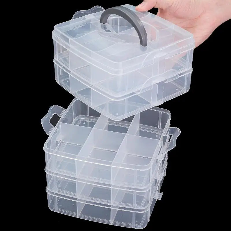 Plastic Storage Box 3 Tier 18-Grid Transparent Adjustable Stackable Qme
