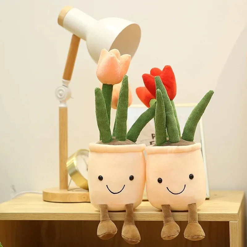 Lifelike Tulip Plant Plush Soft Stuffed Toy Potted Flower Home Living Qme