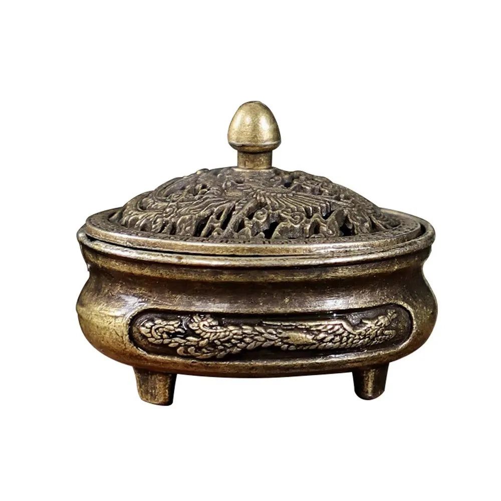 Antique brass pocket incense burner mini hollow incense ornament ancient Chinese tea table decoration dragon and phoenix Qme 2pcs
