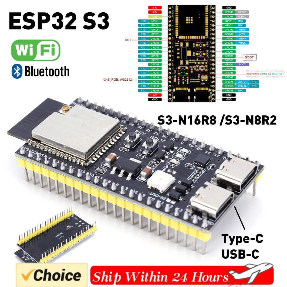 ESP32 S3 Development Board with Expansion Adapter Kit 2.4G Wifi BT Module MCU ESP32-S3WROOM1 N16R8 44Pin Type-C ESP32-S3 Qme