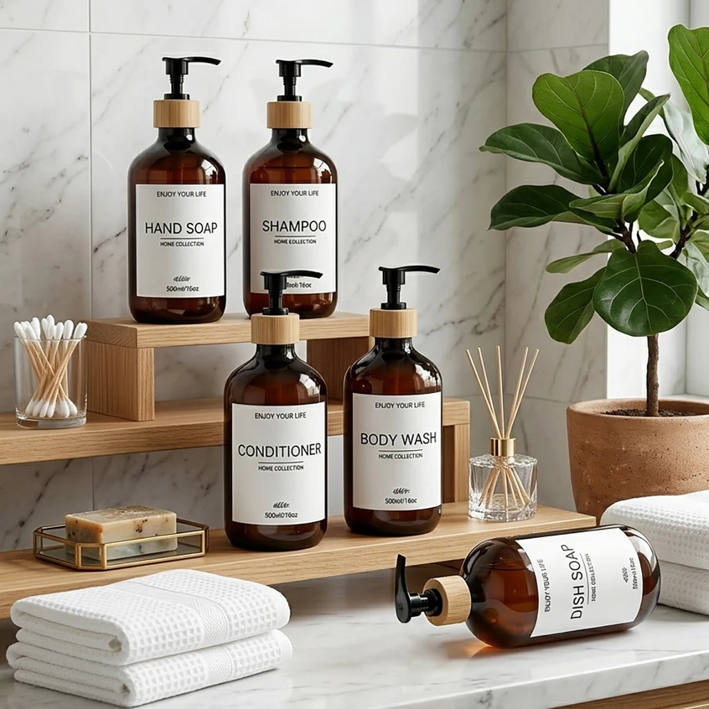 Refillable Amber Plastic Soap Dispenser with Bamboo Pumps Shatterproof Bottles for Shampoo Conditioner Body Wash Hand & Dish Qme