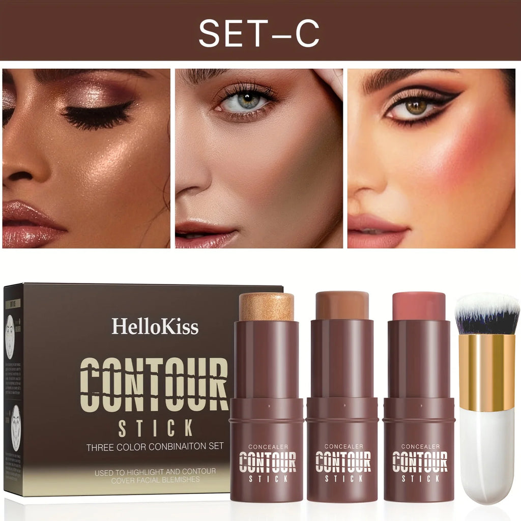 4pcs Contour Stick, Highlighter Stick, Blush Stick 4pcs Cream Contour Kit with Contour Brush, Create Face Contour, Non-greasy Qme 9517C-020-2