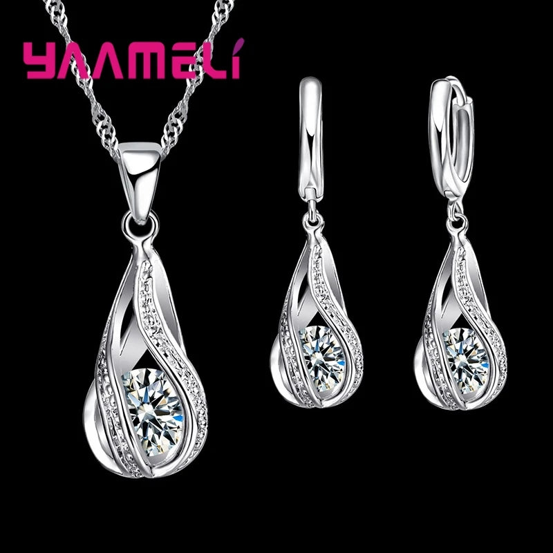 Hot Water Drop CZ 925 Sterling Silver Plated Jewelry Set For Women Pendant Necklace Hoop Earrings Wedding Party Ceremoey Anel Qme White