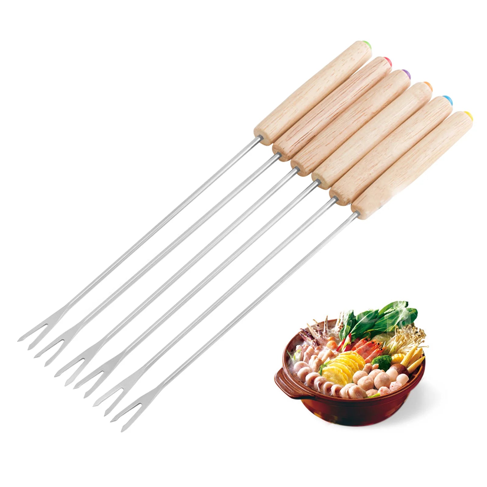6PCS Stainless Steel Fondue Forks with Wooden Handle Cheese Chocolate S'mores Sticks Heat Resistant Dessert Skewers Tool Qme