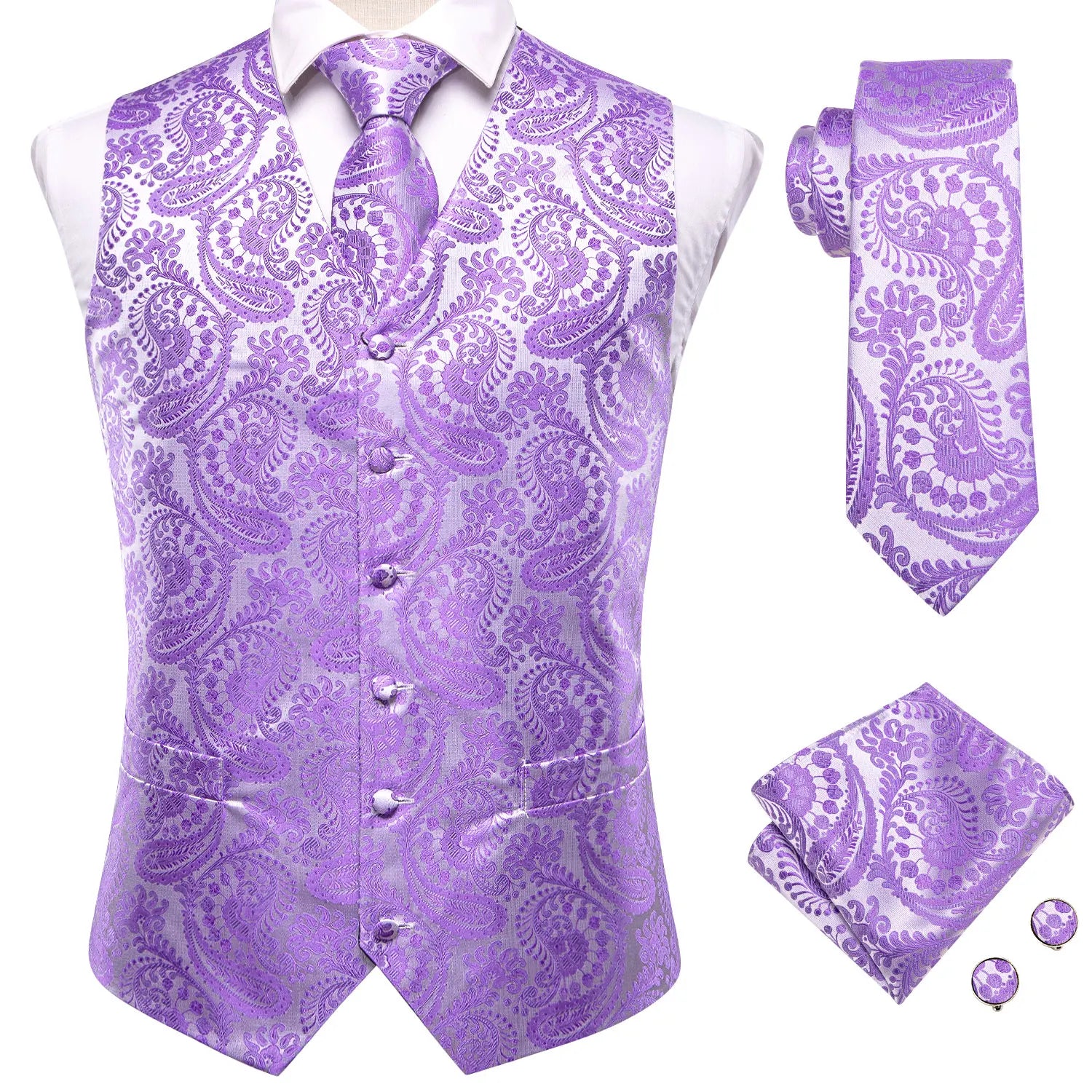 Mens Purple Suit Vest Tie Hanky Cufflinks Set Jacquard Floral Paisley Waistcoat Sleeveless Jacket for Male Wedding Busniess Qme MJTZ3010 S