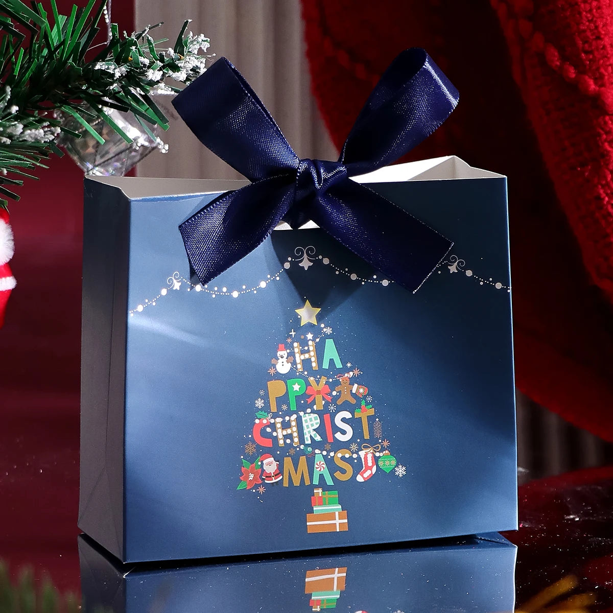 Pack of 10 Festive Christmas Mini Gift Bags with Ribbons - Colorful Design Featuring Christmas Tree, Santa and Merry Christmas W Qme Blue Other Other