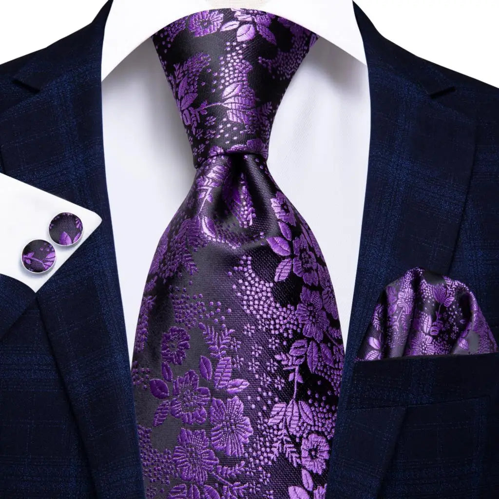 Hi-Tie Purple Silver Striped Silk Elegant Tie For Men Groom Wedding Men Necktie Pocket Square Cufflink Accessory Wholesale Qme SN-3022