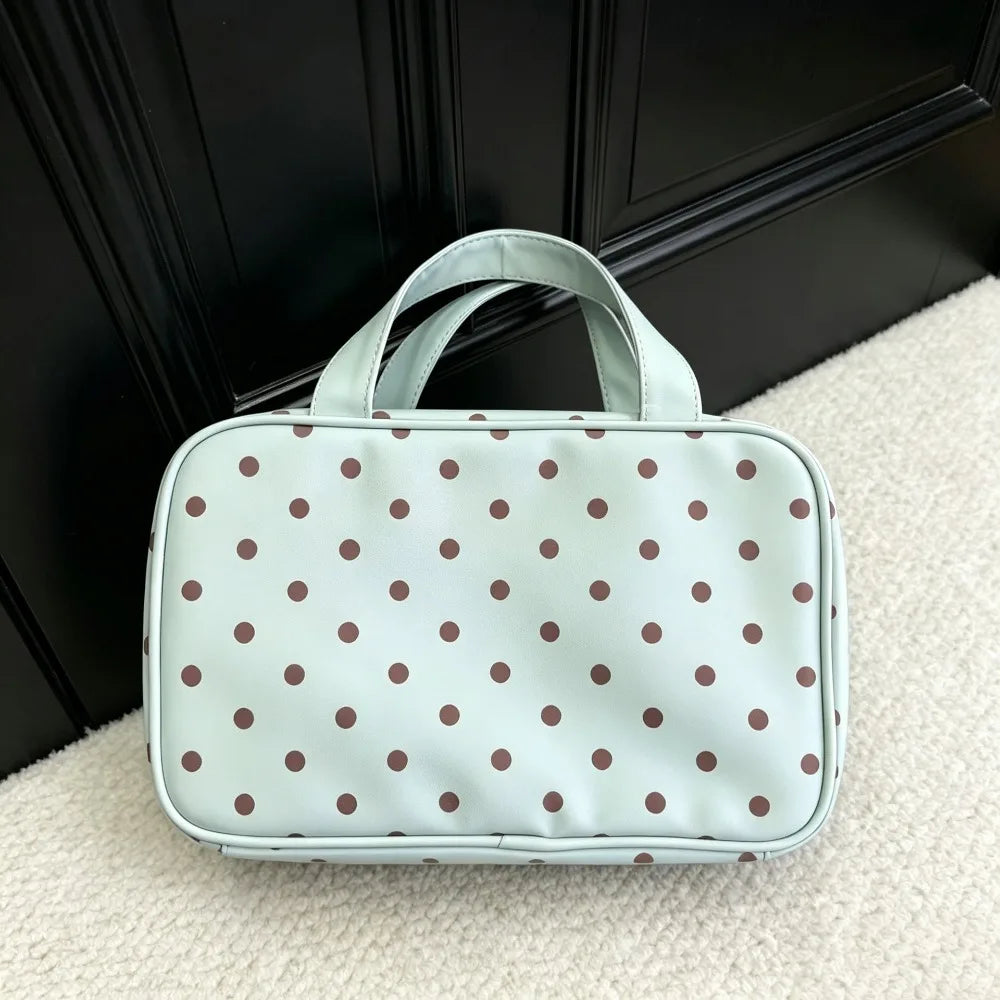 Korean Mint Green Polka Dot Synthetic Leather Makeup Bag Large Qme