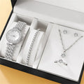 20266PCS Set Luxury Watch Women Ring Necklace Earring Rhinestone Fashion Wristwatch Casual Ladies Watches Bracelet Set Clock Qme Silver