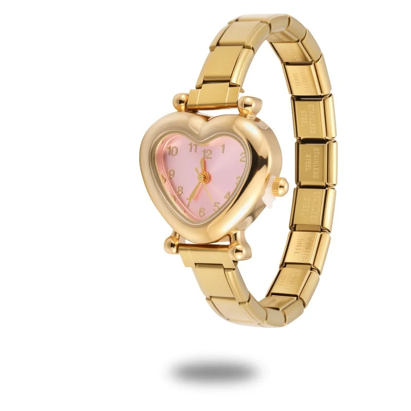 Men Womens Stainless Steel Arabic Numerals Heart Shape Shiny CZ Watch