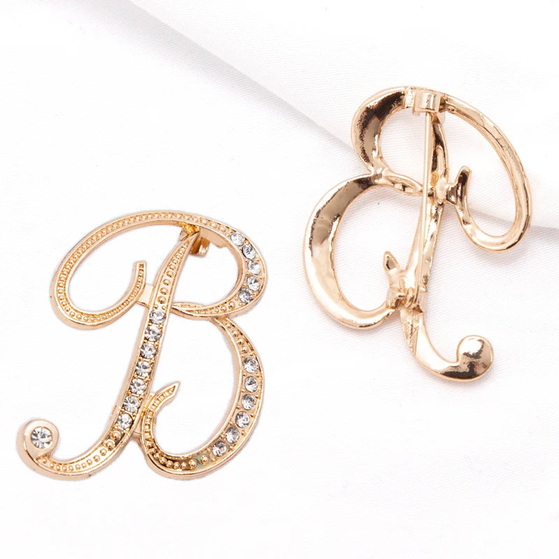 Women Luxury Letter Brooch Pins Gold Rhinestones Crystal English Qme