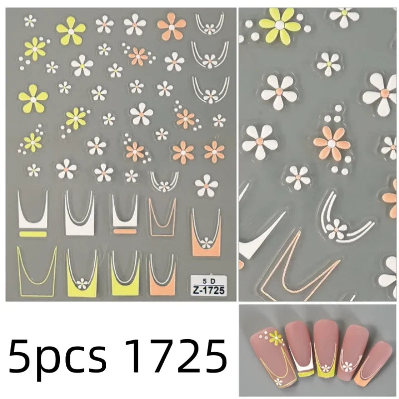 5D Flower Daisy Embossed Stickers Nail Sliders Decals Daisy White Florals Petals Flowers Back Glue Nail Sticker Decoration Qme 5pcs 1725