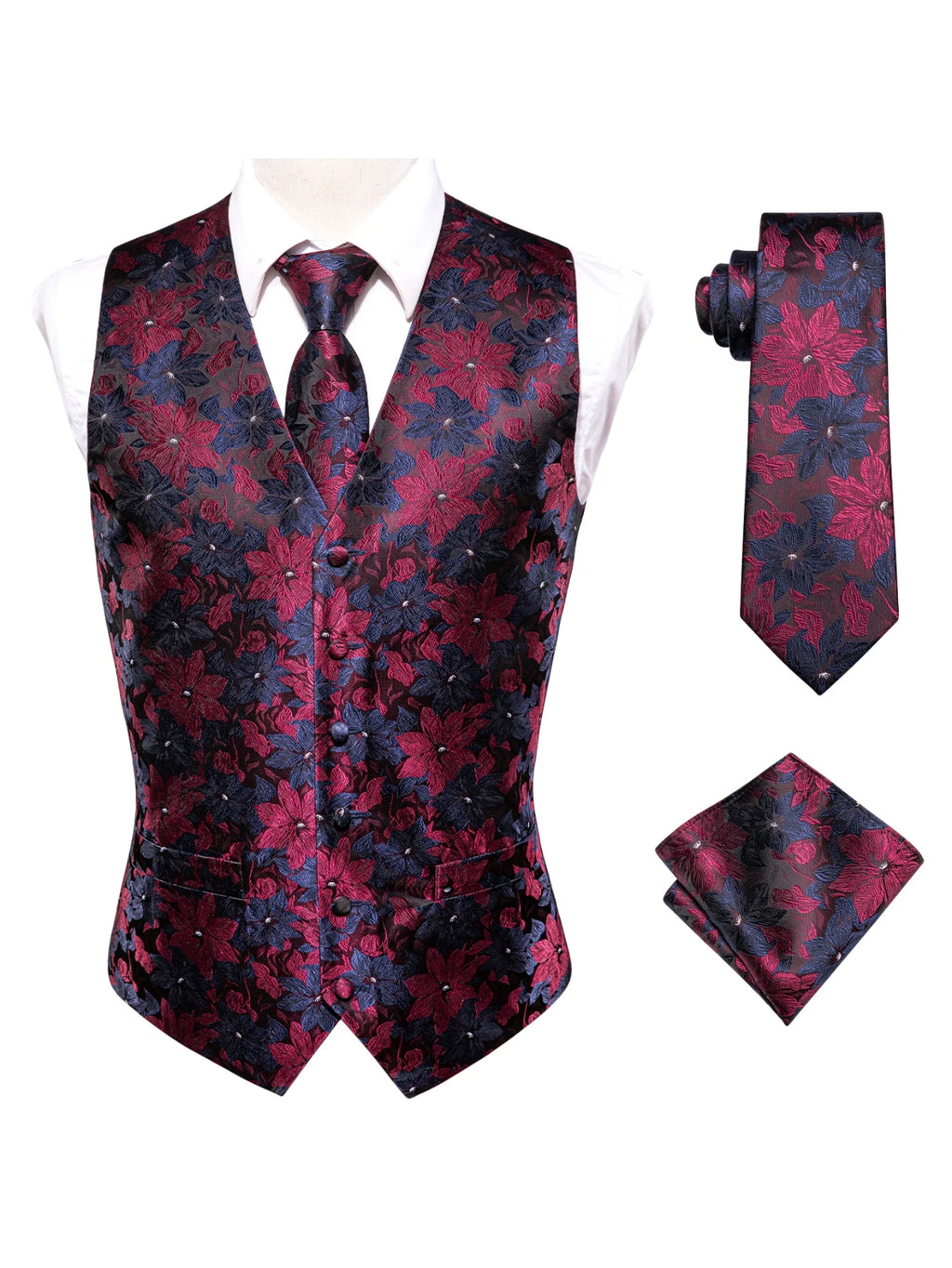 Blue Men Vest Three-Piece Suit Set, Dress Waistcoat with Tie and Pocket Square for Party Ceremony Qme