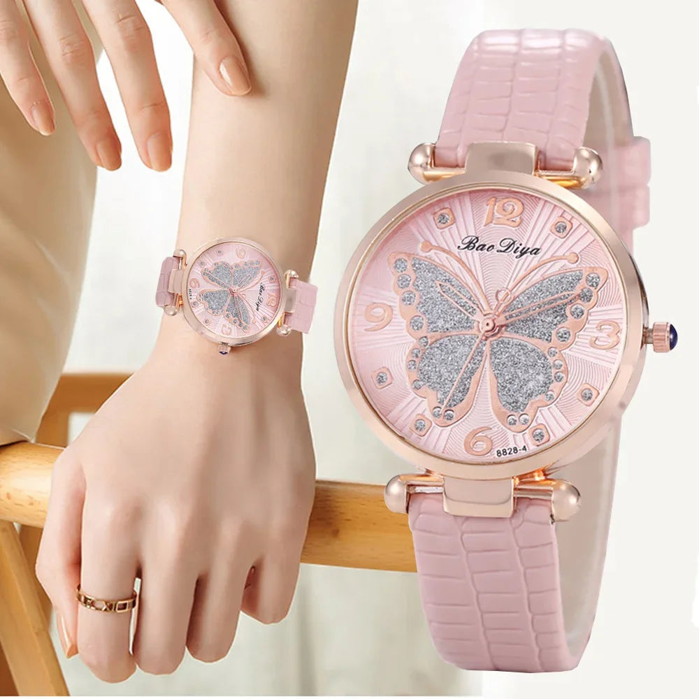 Casual Round Pointer Quartz Watch Cute Rhinestone Butterfly Pattern Dial Analog Dress Watch, Gift For Women Girls Qme