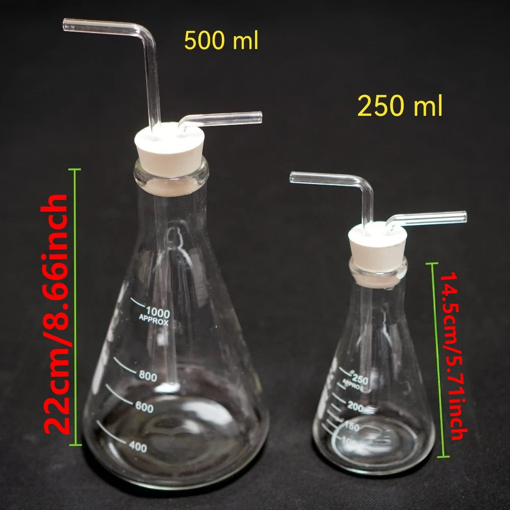 100-500mL Lab Gas Washing Bottle Triangular Conical Gas Collecting Bottle Vacuum Wash Bottle Glass Graduated Lab Buffer Bottle Qme
