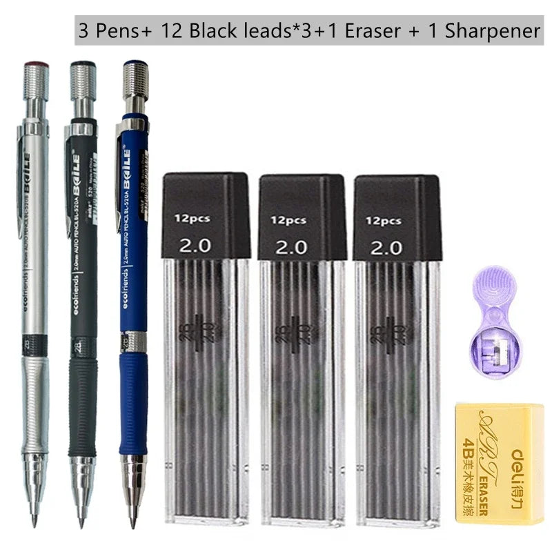2.0mm Mechanical Pencil Set with 2B Black/Colors Lead Refill for Writing Sketching Art Drawing Painting School Automatic Pencil Qme Black Pencil set C