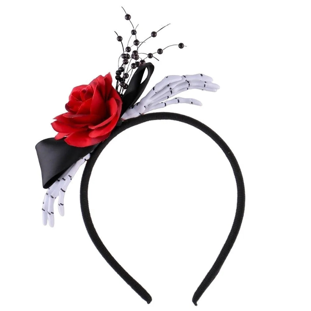 Red Rose Skeleton Hand Headband Black Bowknot Skeleton Bones Rose Flower Hairband Comfortable Fit Durable Plastic Qme Black