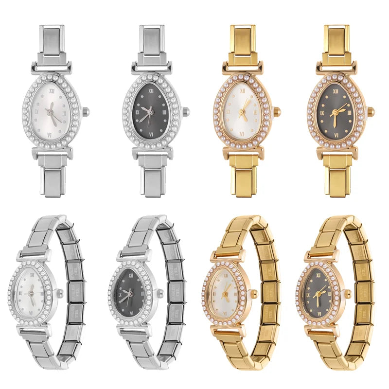 9MM DIY Charm High Quality Stainless Steel Watch Bracelet Bangle Pearls Oval Water Drop Watch Head Fashion Women Men's Jewelrys Qme