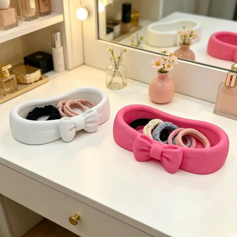 Cute Bow Decor Large Capacity Jewelry Storage Tray Smooth Vanity Dish Qme
